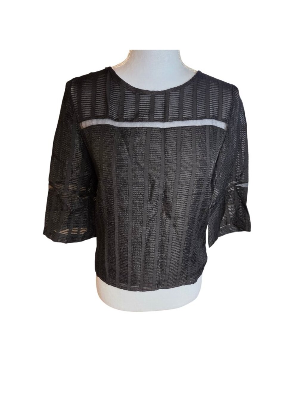 Anthropologie HD in Paris Charcoal Pinstripe 3/4 Sleeve Top Sz 8 Dark Academia